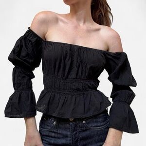 WAYF cotton black off the shoulder smocked blouse